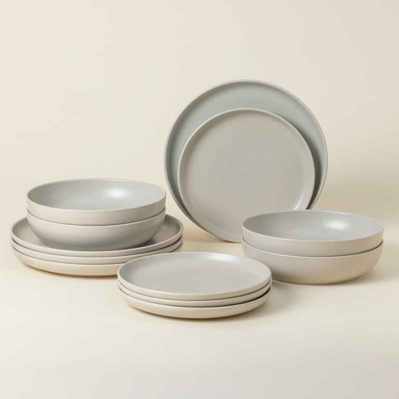 Pacifica Dinnerware with Pasta Bowls, Set of 12, Oyster Grey